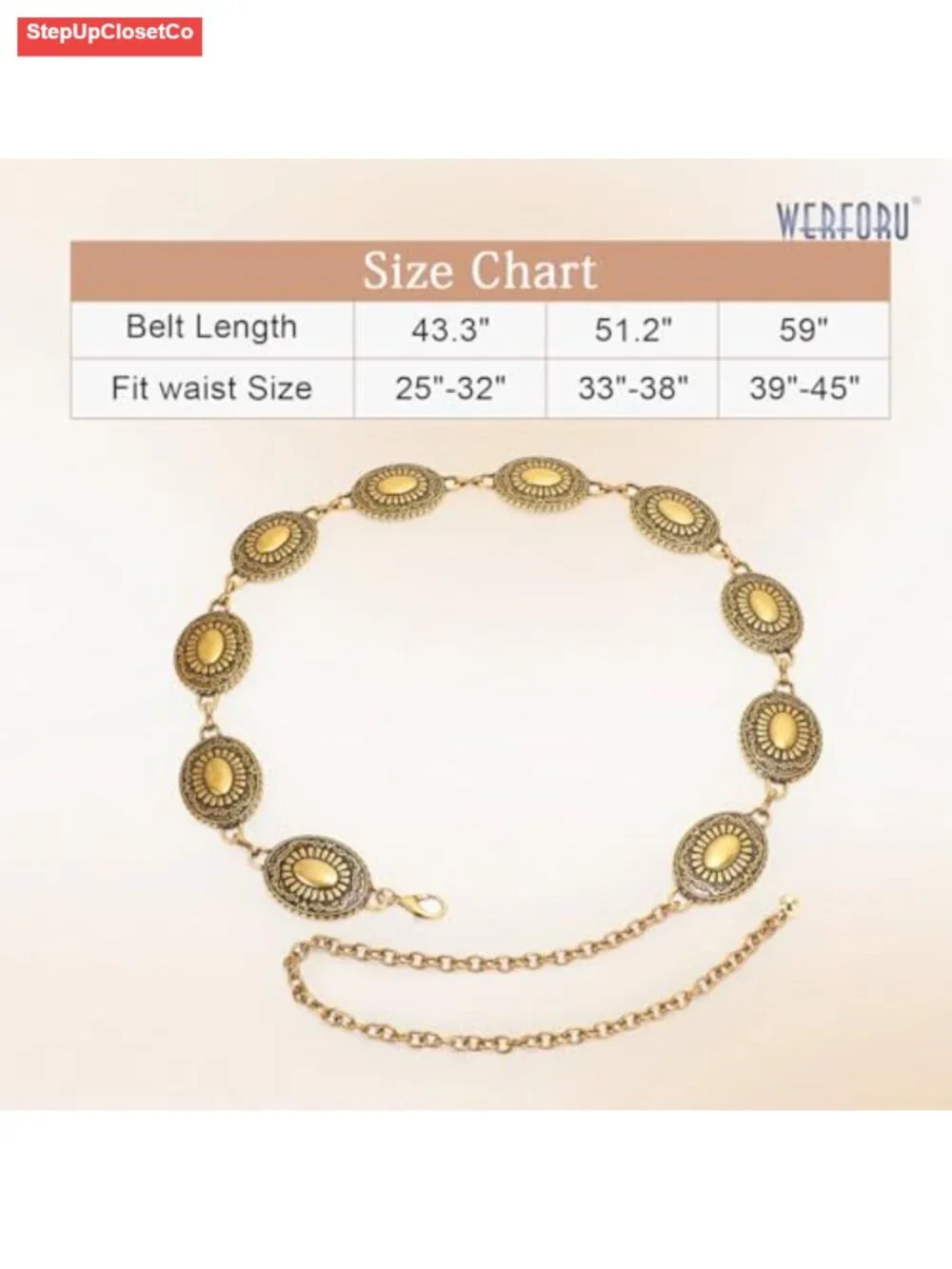 Western Concho Metal Chain Belt Boho Waist Belt for Dress Jeans
